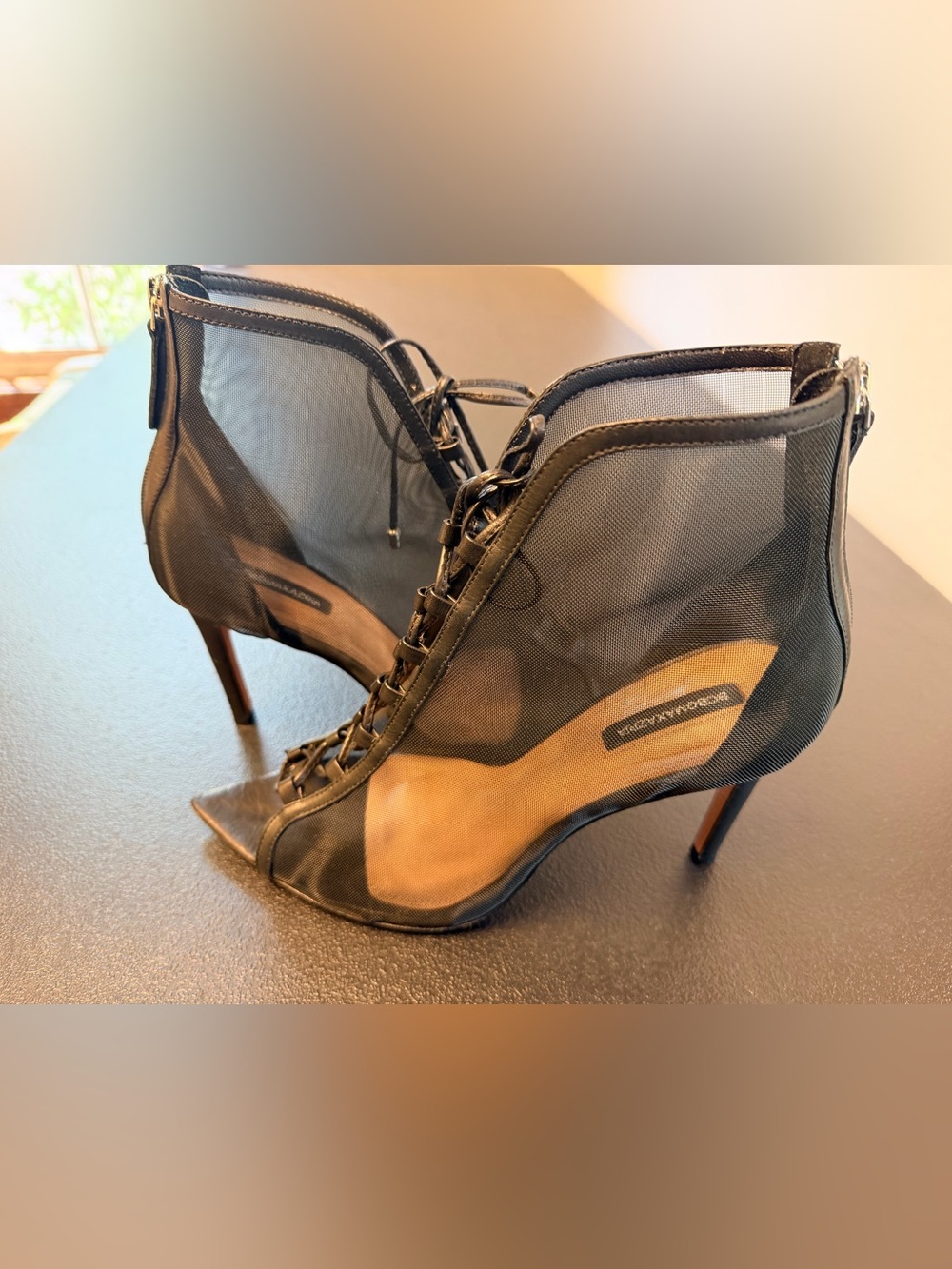 BCBGMaxAzria Black Lace-Up Mesh Peep-Toe Booties